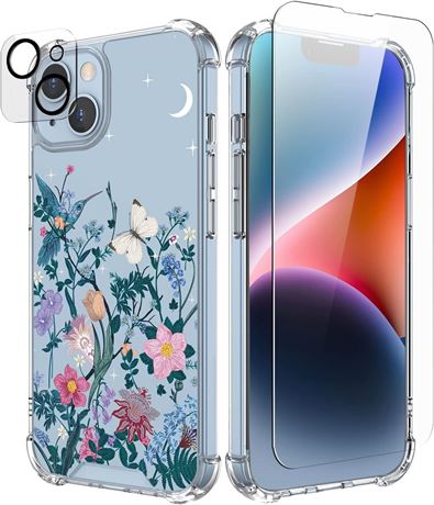 Cutebe 3-in-1 Case for iPhone 13/14, Crystal + Lens + Screen Protector