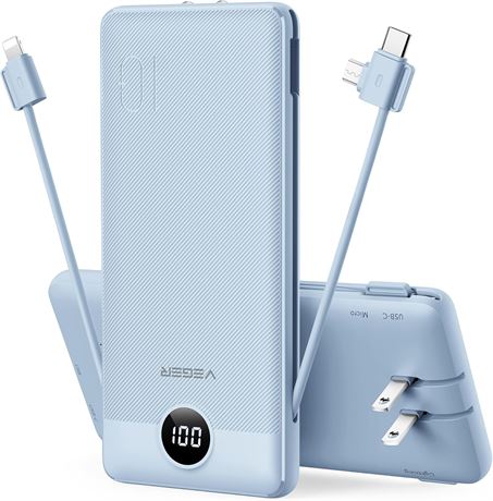 VEGER 10000mAh Portable Charger, Built-in Cables & Plug, 5 Outputs, Blue