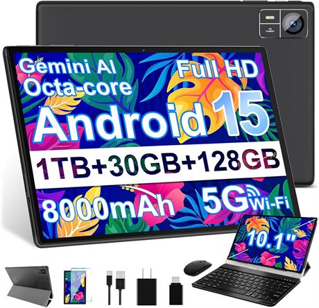 Android 15 Tablet, 30GB RAM, 128GB ROM, 10.1in, Octa-Core, 8000mAh, Black