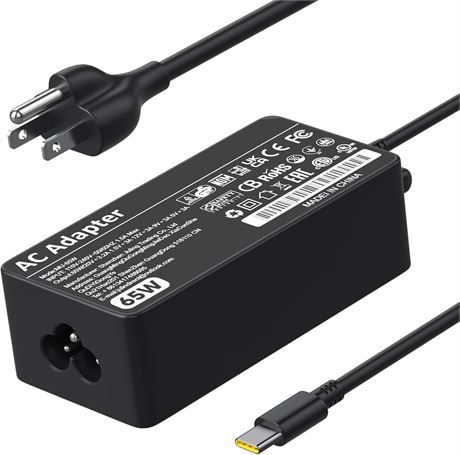 65W USB-C Charger for Thinkpad Laptop, Yoga, Chromebook with CA Power Cord