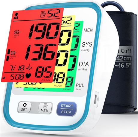 Alcarefam Automatic Blood Pressure Monitor, Large Cuff, 3-Color Display