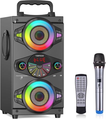 60W Portable Bluetooth Speaker, Subwoofer, FM Radio, LED Lights, Mic
