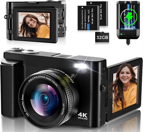 4K Digital Camera Autofocus, 48MP, 3' Flip Screen, 16X Zoom, 32GB Card