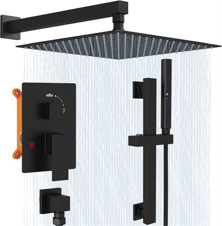 Hoimpro 12-Inch Matte Black Shower System with Slide Bar & Rain Head