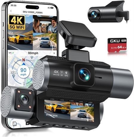 GKU 4K 3-Channel Dash Cam WiFi GPS Night Vision Front Rear Inside 64GB SD Card