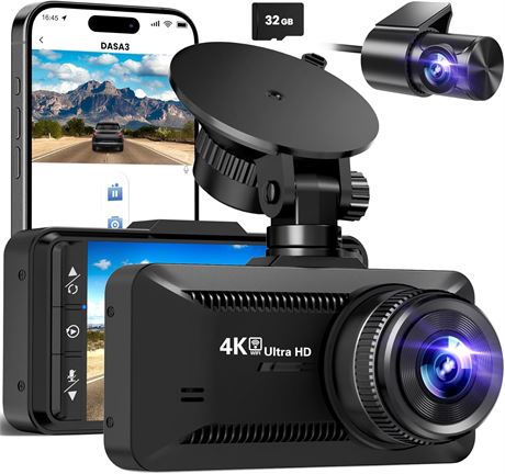 Dual Dash Cam 4K Front + 1080p Rear, WiFi, 4.3" Screen, 32GB SD Included