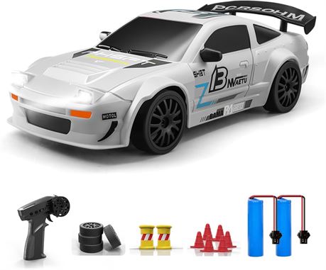 ACAMMZAR RC Drift Car 1:24 4WD, Dual Batteries, LED Lights, Extra Tires, White