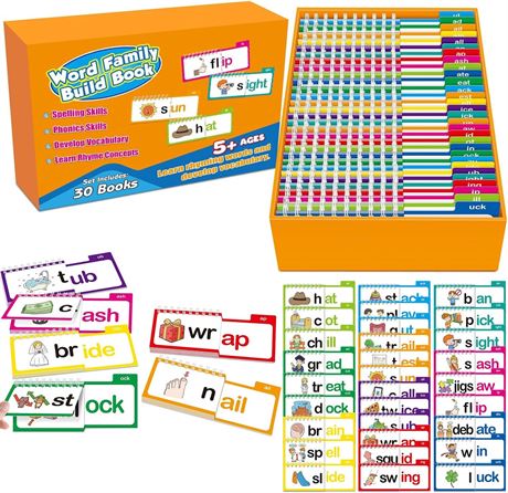 30 Read and Rhyme Flip Books: Word Family Build Book for Ages 4 8, ABC Cards