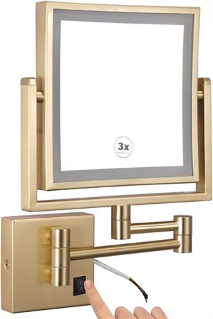 Washcadg miroir maquillage LED mural 8", grossissant 1X/3X, doré brossé