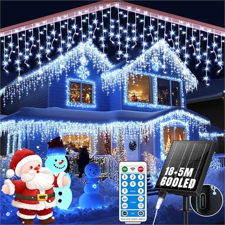 Solar Icicle Christmas Lights Outdoor Waterproof 60+16ft, 600 LED, Remote