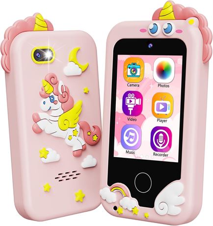 Kikidex Kids Smart Phone with Dual Camera, Touchscreen Learning Toy, Pink