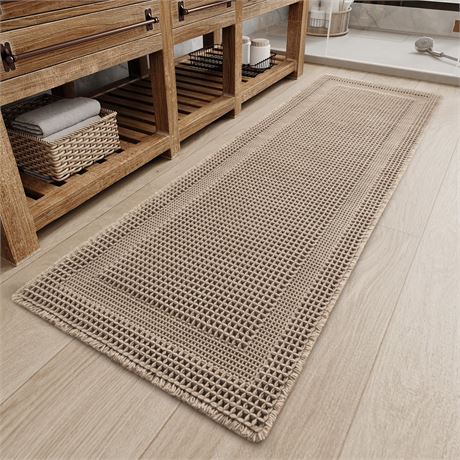 PADOOR Waffle Bath Mat 24"x72", Absorbent Non-Slip Rug, Beige Boho Tassel