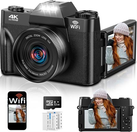 4K WiFi Digital Camera, 75MP, 16x Zoom, Flip Screen 3"