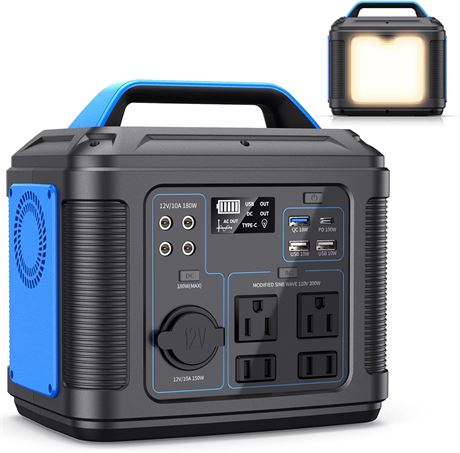Portable Power Station 300W: 296Wh Lithium Battery, 110V AC, LED Light