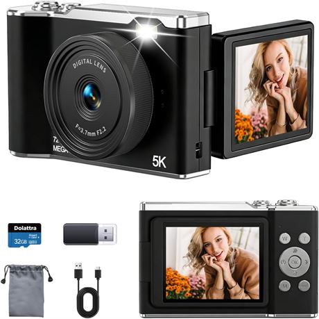 5K Digital Camera with Autofocus, 72MP Vlogging, 3.0in Flip Screen Black