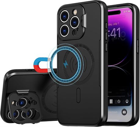 MagSafe Compatible iPhone 15 Pro Case with Kickstand, TPU/PC, Black