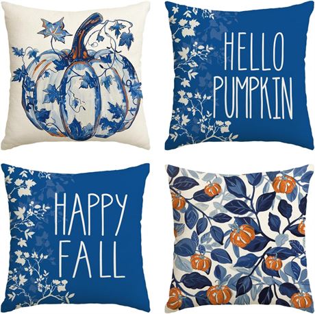 AVOIN Hello Pumpkin 4PCS Pillow Covers, Blue & Orange Fall Sofa Decor