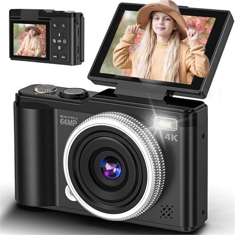 4K Digital Camera, 64MP, 180  Flip Screen, 16X Zoom, Autofocus, 32GB SD Card