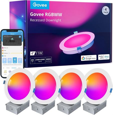 Govee 4-Inch Smart Recessed Pot Lights, RGBWW Dimmable LED, 850 lm, 11W