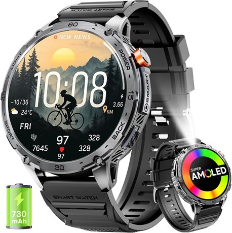 Montre connectée militaire homme, AMOLED 1.75", 730mAh, lampe LED