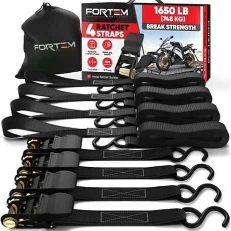 FORTEM Ratchet Straps 4 Pack 15ft Tie Down 1650lb Loops Cargo Cam Buckles