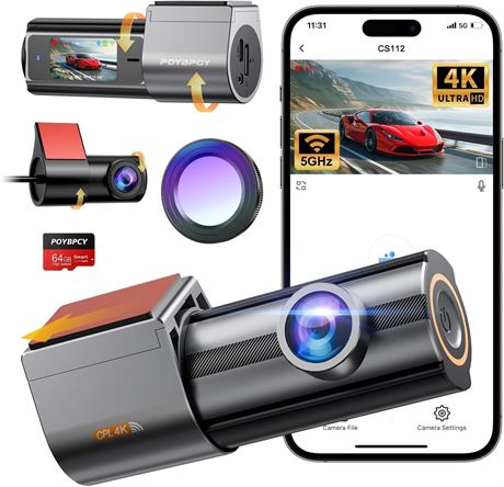 Dash Cam Front & Rear, 5GHz WiFi, CPL, 64GB, 1.47" IPS, App Control
