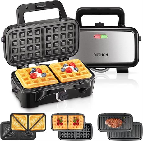FOHERE 3-in-1 Waffle Sandwich Panini Maker with Removable Plates