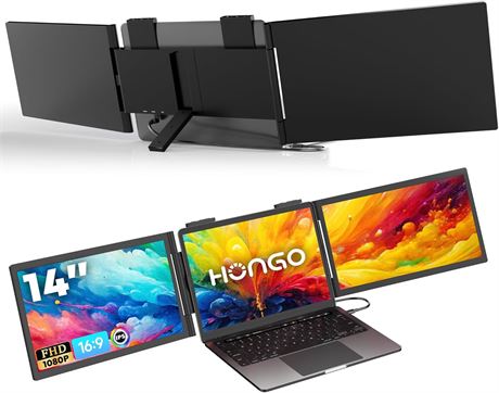 HONGO 14" Laptop Screen Extender, 1080P FHD IPS, 3 USB-C Ports, Portable Monitor