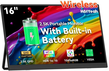 16" 2.5K Wireless Monitor with Built-in Battery, AirPlay/Miracast, USB-C