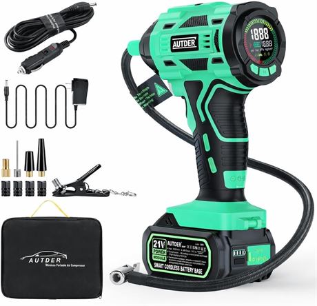 AUTDER Cordless Tire Inflator 180 PSI Portable Air Compressor 21V Battery