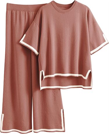 Tanming 2-Piece Sweater Set for Women; Short Sleeve Tops & Wide-Leg Pants