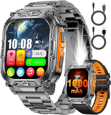 TX12 Black 1000mAh Smart Watch for Men, IP68, 2 Straps/2 Chargers, Calls