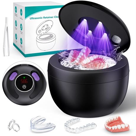 Ultrasonic Retainer Cleaner 45kHz, Dentures/Night Guards/Braces, 200ML Black
