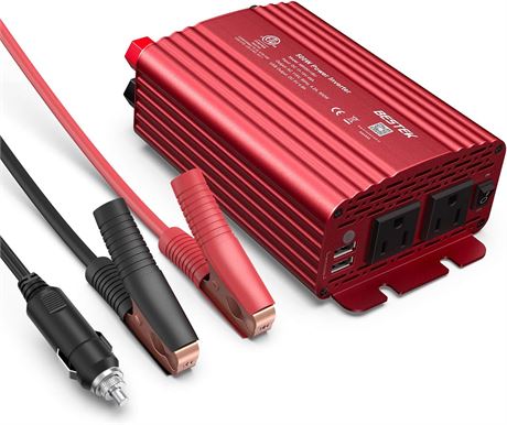BESTEK 500W Power Inverter 12V DC to 110V AC with Battery Clamp, 4.8A Dual USB