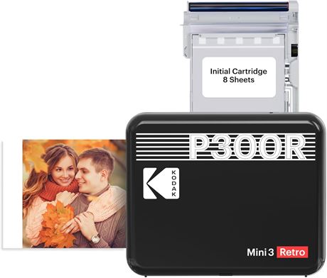 KODAK Mini 3 Retro Portable Photo Printer (3x3”), 8 Sheets, Black