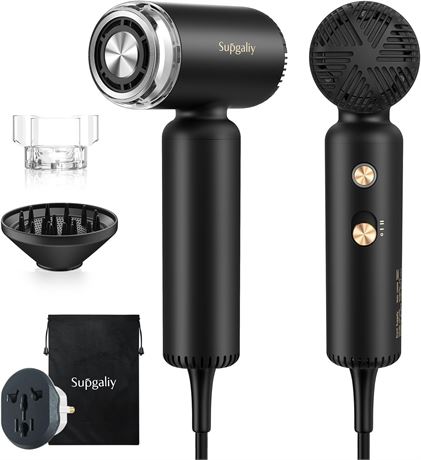 Dual Voltage Mini Travel Hair Dryer, Ionic, Diffuser, 100-240V, Black