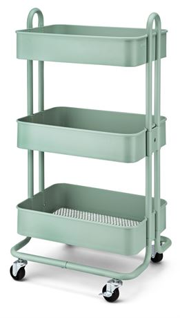 type A Momentum Steel 3-Tier Utility Cart with 4 Wheels, Eucalyptus