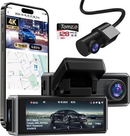 4K Front & Rear Dash Cam, 128GB Card, GPS, WiFi, ADAS, Parking Monitor