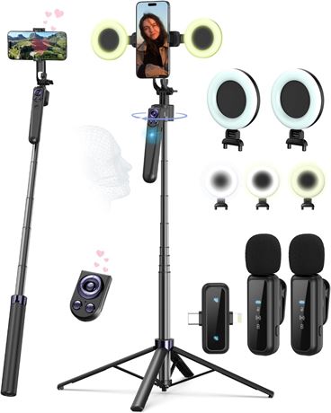 Vlogging Kit for iPhone/Android, 63" Auto Face-Tracking Tripod, Wireless Mic
