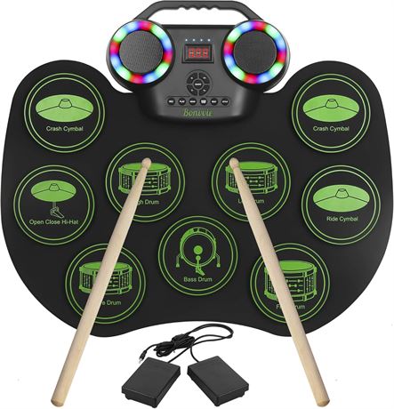 Bonvvie Roll-Up Drum Kit with 9 Pads, MIDI, Dual Speakers, 2000mAh Battery