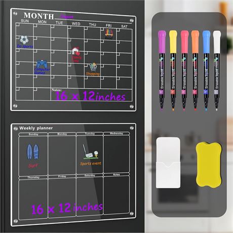 Zarkeet Magnetic Acrylic Calendar 16"x12" Monthly Weekly Clear Fridge Board