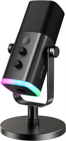 FIFINE USB/XLR Dynamic Microphone with RGB, Mute, Stand, AmpliGame AM8