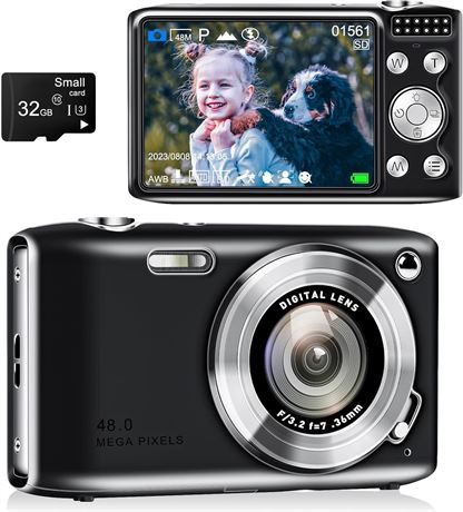 48MP Point and Shoot Digital Camera 4K Macro Flash 16x Zoom 32GB Card