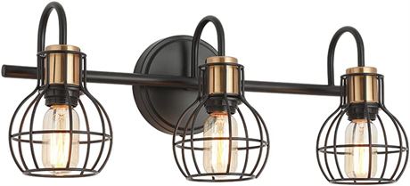 3-Light Bathroom Vanity Light, Industrial Metal Cage Fixture, Matte Black