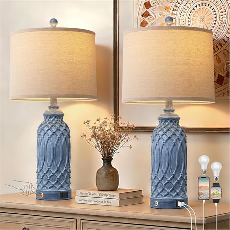 Woven Resin Table Lamps Set of 2 with USB, Touch Switch, Linen Shade