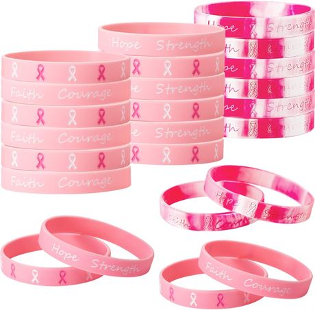 48 Pieces Breast Cancer Awareness Silicone Wristbands - Pink Ribbon