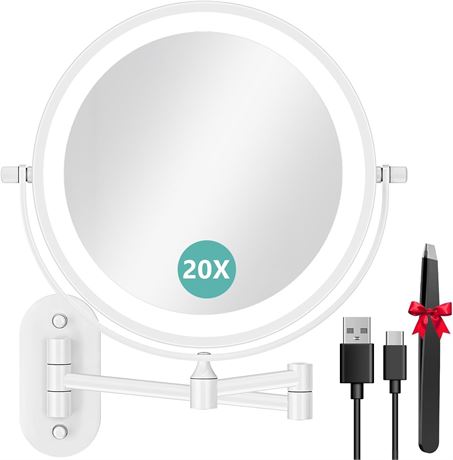 Auxmir Wall-Mounted Makeup Mirror 1X/20X, 3200mAh, Dimmable, 3 Light Modes