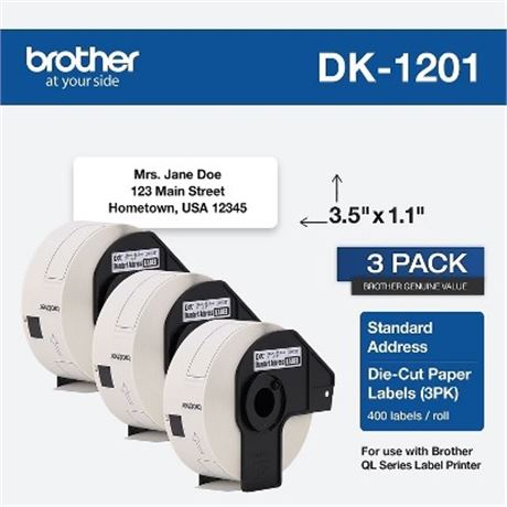 Brother DK1201 1.1" x 3.5" Die-Cut White Address Labels 3 Pack DK-1201
