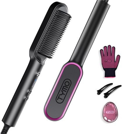 TYMO Hair Straightener Brush 2-in-1 Flat Iron & Comb, Anti-Scald, 5 Temps, Black