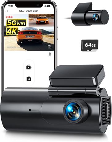 Dash Cam Front & Rear 4K+1080P Dual, 64GB SD, WiFi & App Control, WDR, 170
